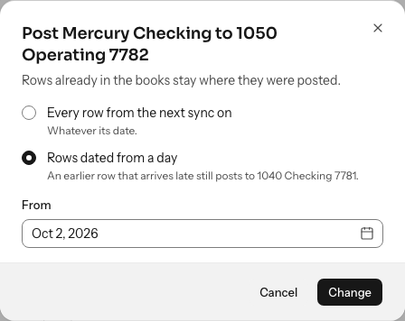 The dialog for posting Checking to 1050 Operating account: Rows dated from a day chosen, From set to a date