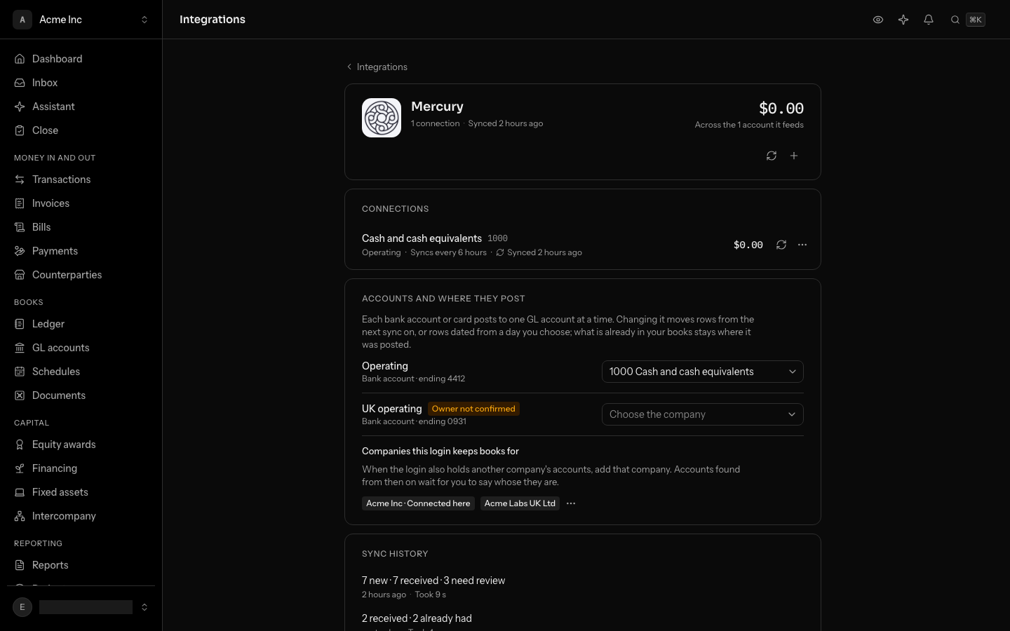 Mercury's page: under Accounts and where they post, Operating posts to 1000 Cash and cash equivalents, and UK operating is marked Owner not confirmed with Choose the company beside it; below, Companies this login keeps books for lists Acme Inc, connected here, and Acme Labs UK Ltd