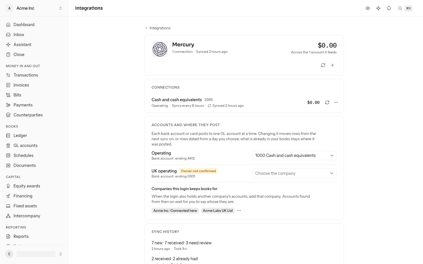 Mercury's page: under Accounts and where they post, Operating posts to 1000 Cash and cash equivalents, and UK operating is marked Owner not confirmed with Choose the company beside it; below, Companies this login keeps books for lists Acme Inc, connected here, and Acme Labs UK Ltd