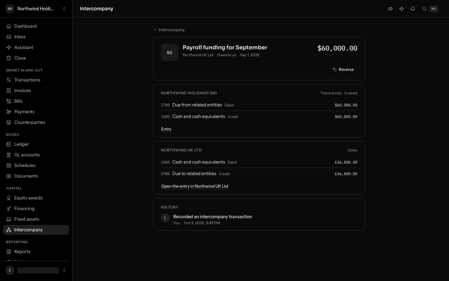 Payroll funding for September: Northwind Holdings Inc debits 1700 Due from related entities and credits cash for $60,000.00, and Northwind UK Ltd debits cash and credits 2900 Due to related entities for £46,800.00