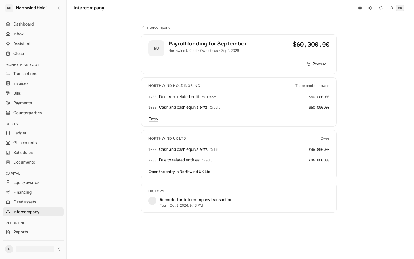 Payroll funding for September: Northwind Holdings Inc debits 1700 Due from related entities and credits cash for $60,000.00, and Northwind UK Ltd debits cash and credits 2900 Due to related entities for £46,800.00