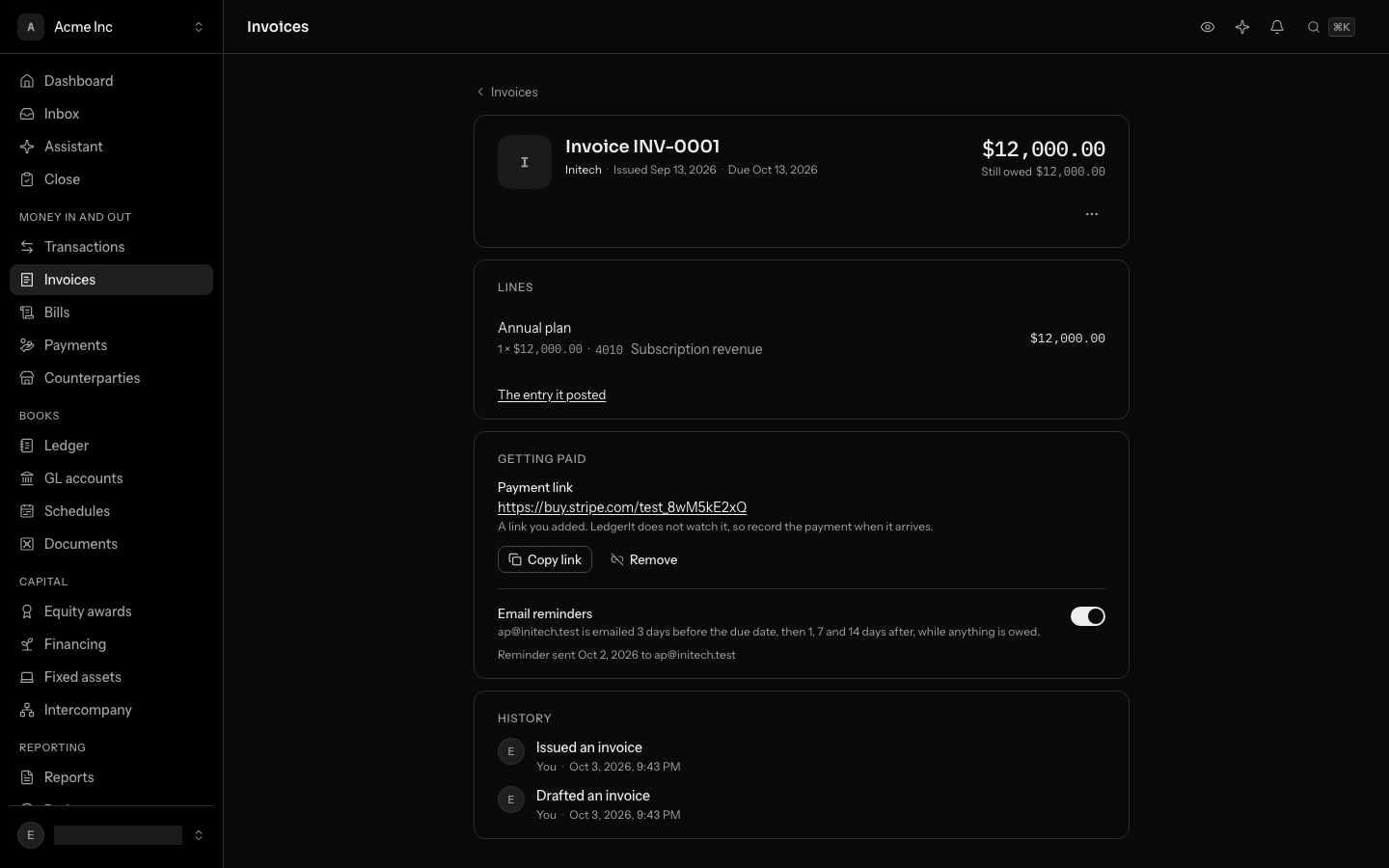 An issued invoice's page, with its payment link and email reminders under Getting paid