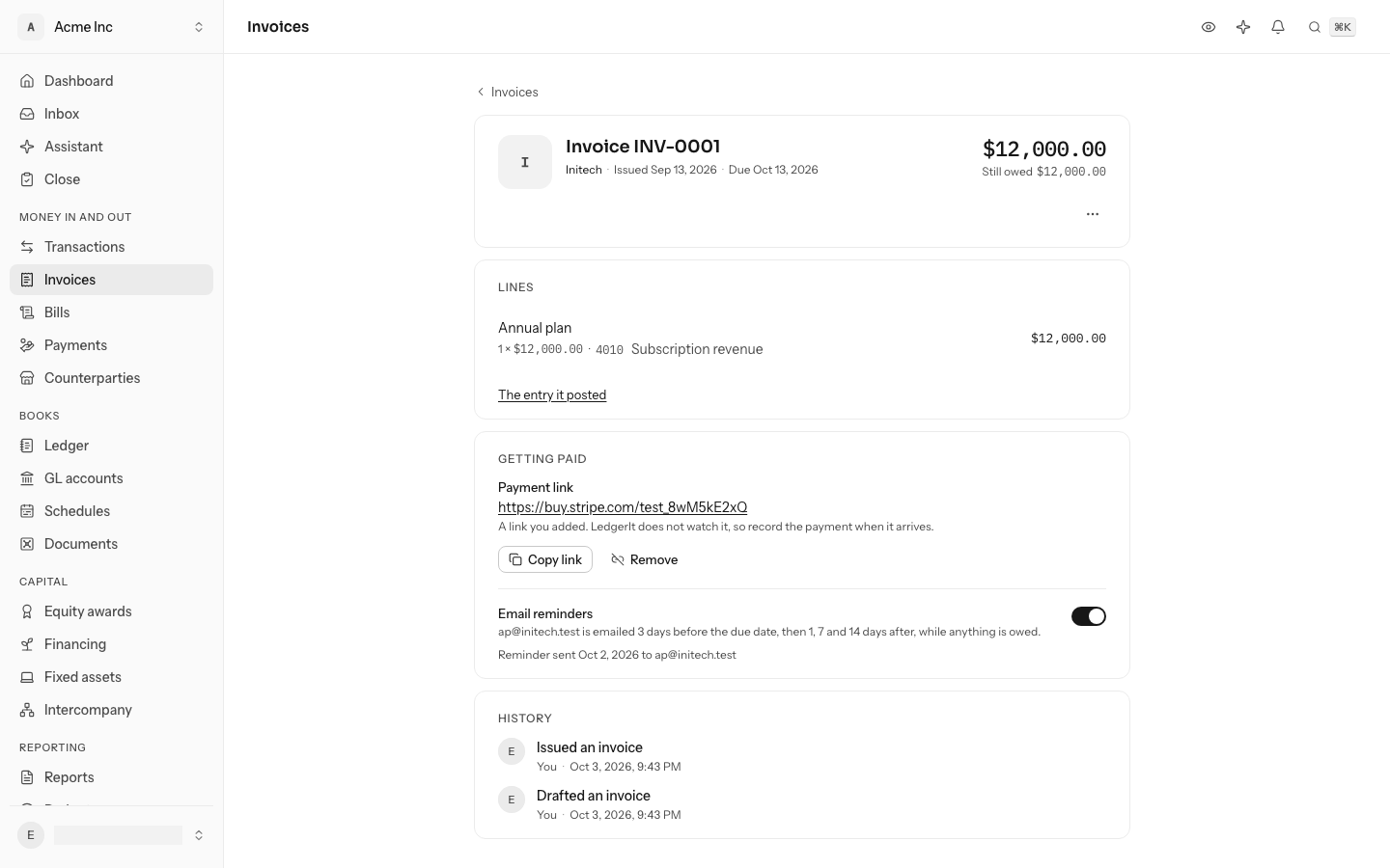 An issued invoice's page, with its payment link and email reminders under Getting paid