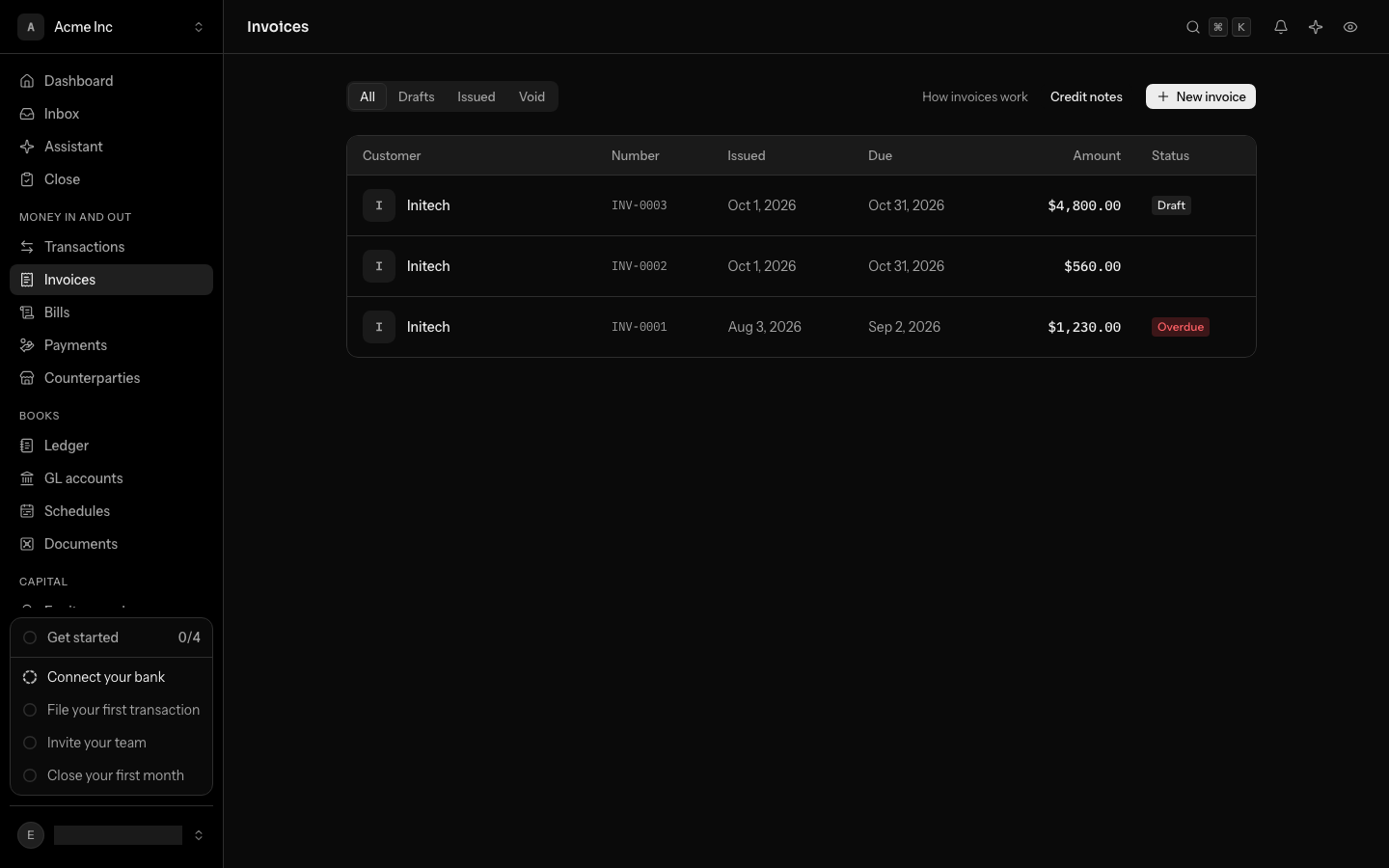 Invoices on All: a table of three invoices to Initech, with the customer, the number, the issued and due dates, the amount and the status, and New invoice above it