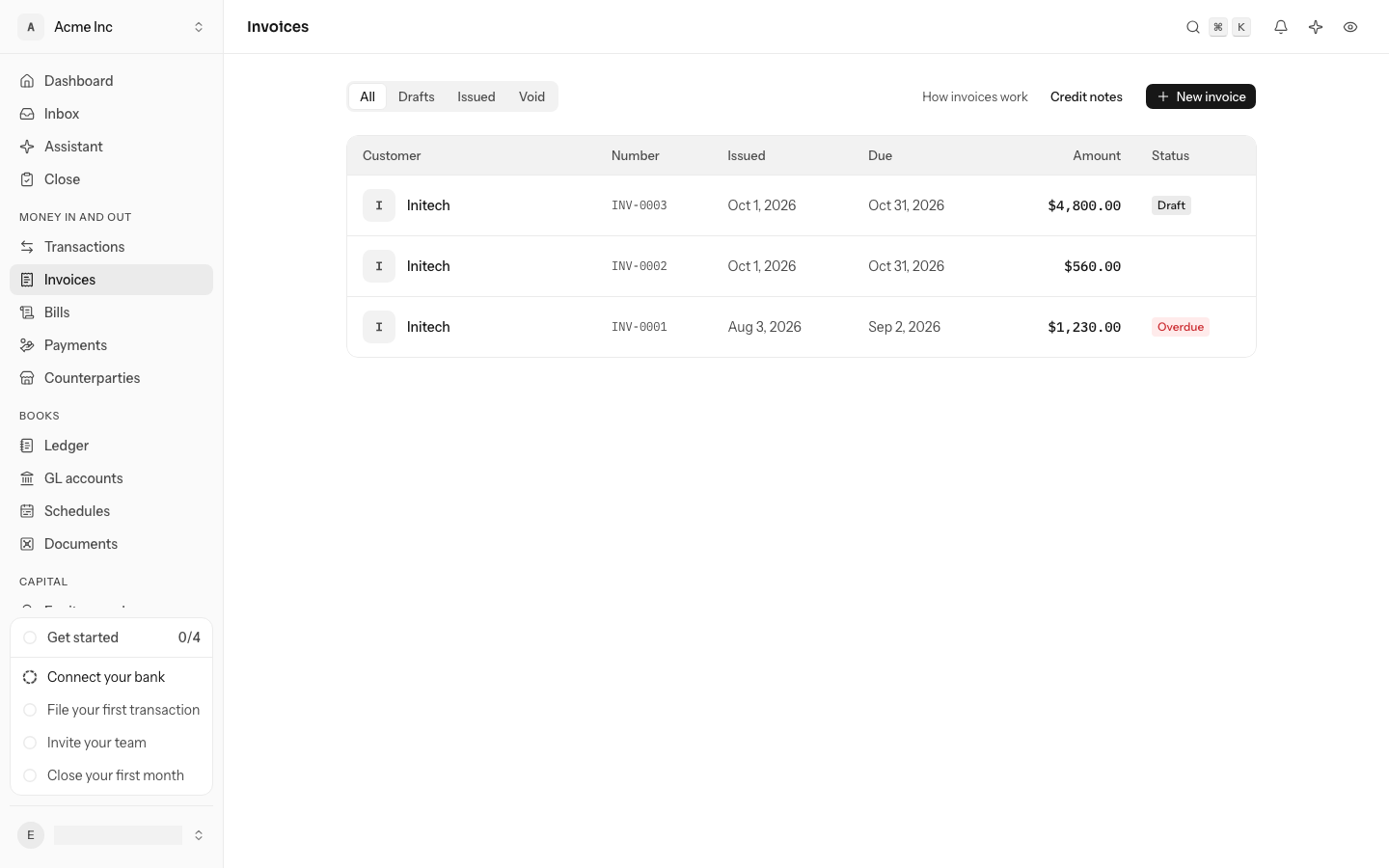 Invoices on All: a table of three invoices to Initech, with the customer, the number, the issued and due dates, the amount and the status, and New invoice above it