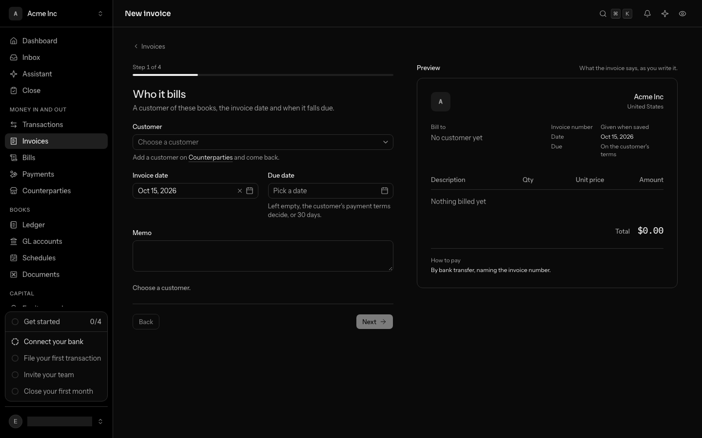 Who it bills: the customer picker, the invoice date, the due date and a memo, with the preview beside them