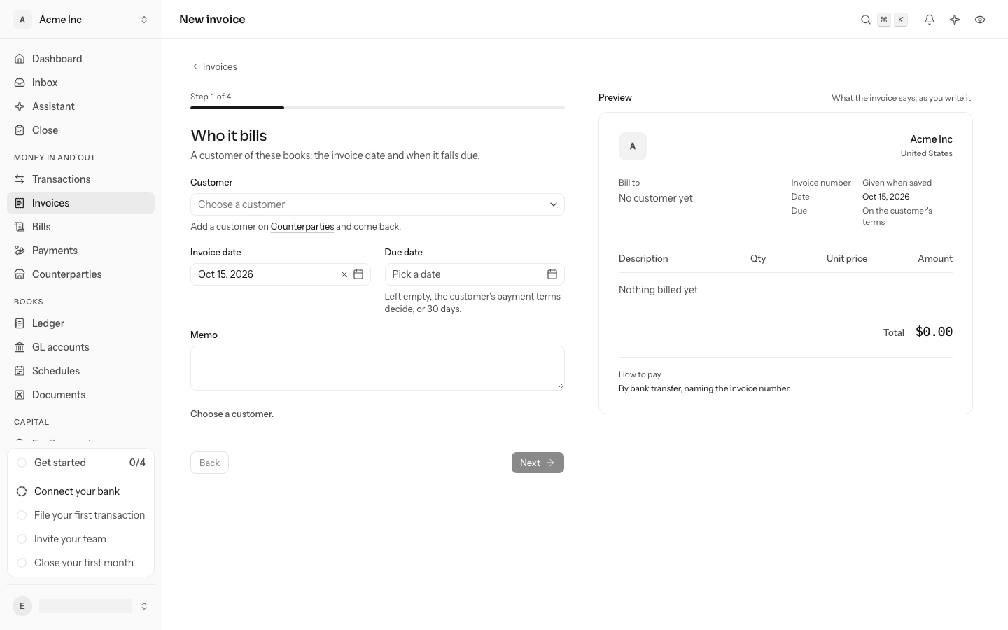 Who it bills: the customer picker, the invoice date, the due date and a memo, with the preview beside them