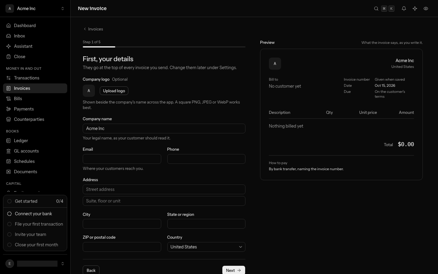 Step 1 of 5, First, your details: the company logo, name, email, phone and address fields, and the preview showing them at the top of the invoice