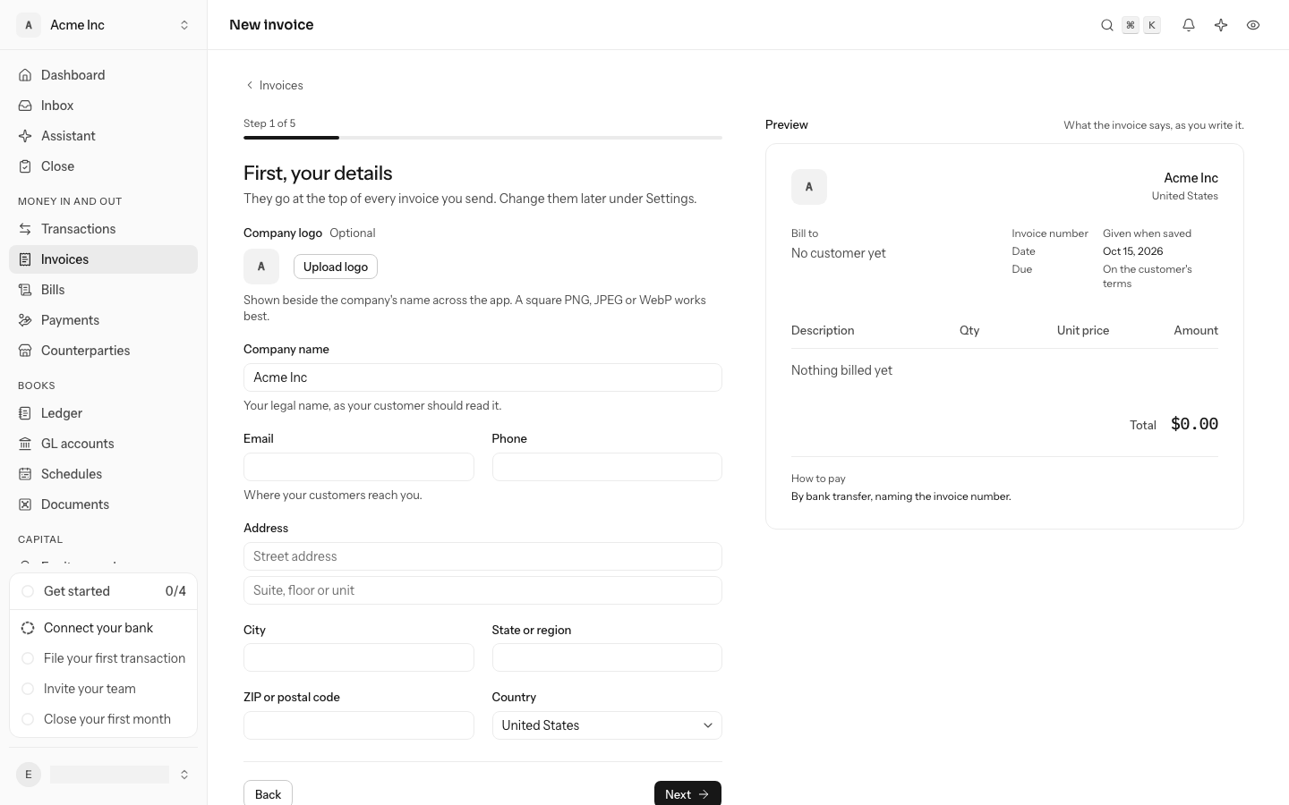 Step 1 of 5, First, your details: the company logo, name, email, phone and address fields, and the preview showing them at the top of the invoice