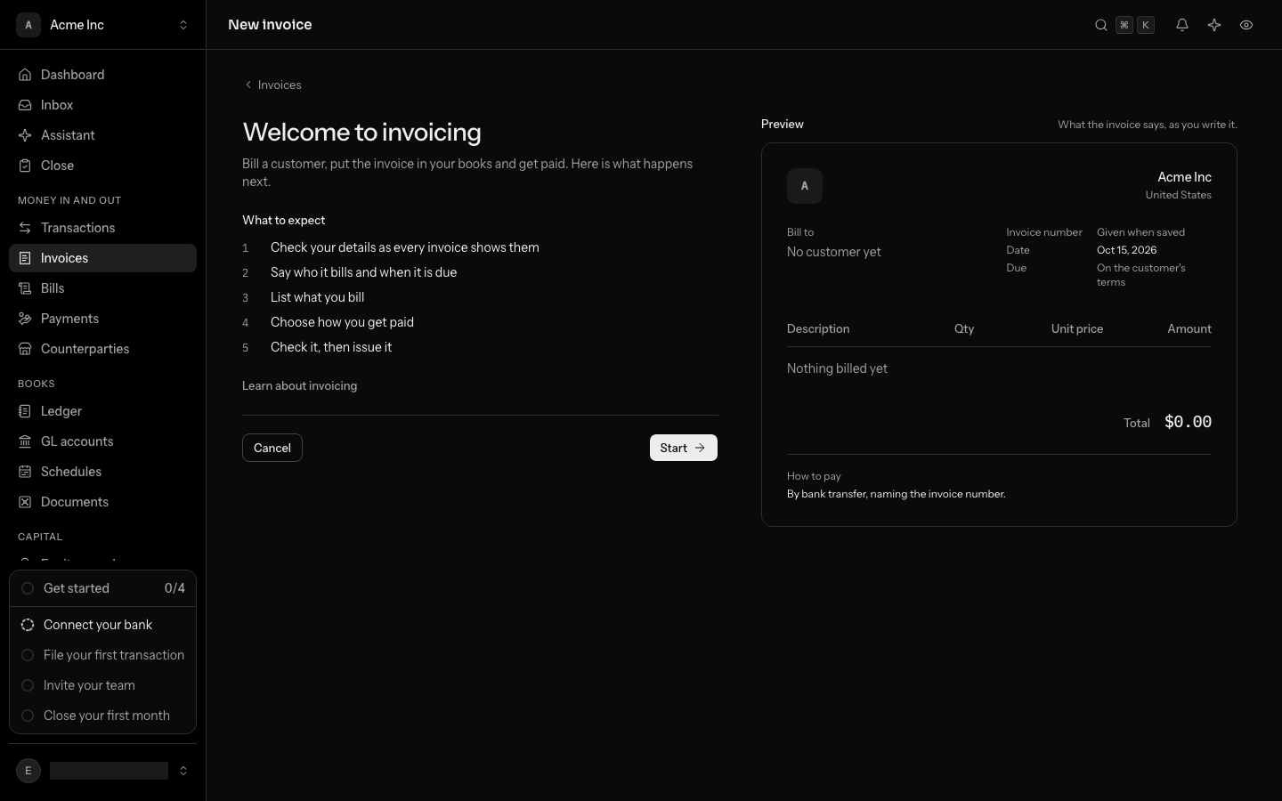 The first New invoice screen: Welcome to invoicing, what to expect in five steps, Cancel and Start, with a preview of the invoice beside it