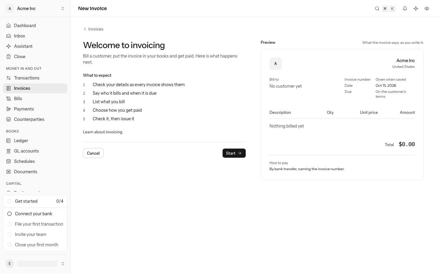 The first New invoice screen: Welcome to invoicing, what to expect in five steps, Cancel and Start, with a preview of the invoice beside it