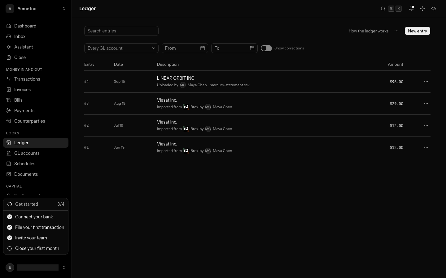 The ledger: the search, How the ledger works, the ⋯ menu and New entry on one line, the filters and Show corrections under them, and the newest entries, each with its number, date and amount. Under each description is where it came from: Uploaded by Maya Chen with the statement's file name, or Imported from Brex, with its logo, by Maya Chen