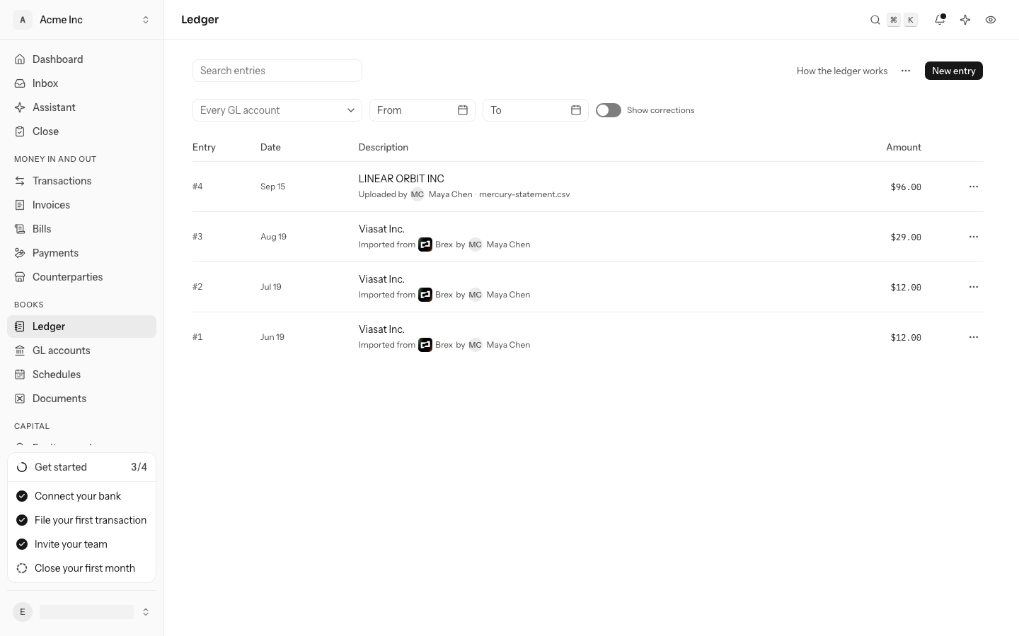 The ledger: the search, How the ledger works, the ⋯ menu and New entry on one line, the filters and Show corrections under them, and the newest entries, each with its number, date and amount. Under each description is where it came from: Uploaded by Maya Chen with the statement's file name, or Imported from Brex, with its logo, by Maya Chen