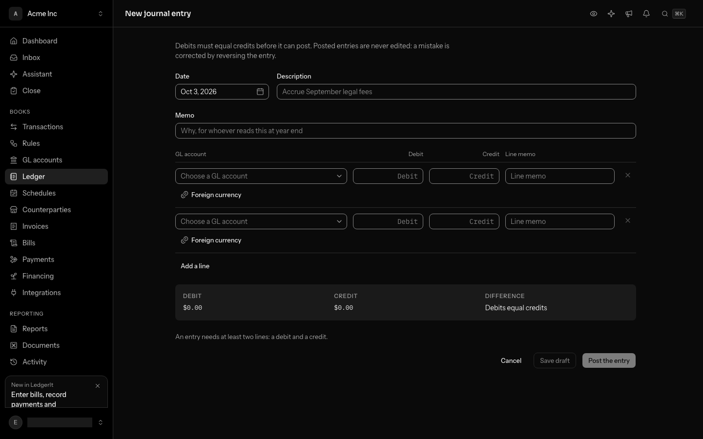 A new journal entry before anything is typed: the date, description and memo, two lines each with a GL account, Debit, Credit and Line memo, Add a line, the debit and credit totals, and Post the entry waiting