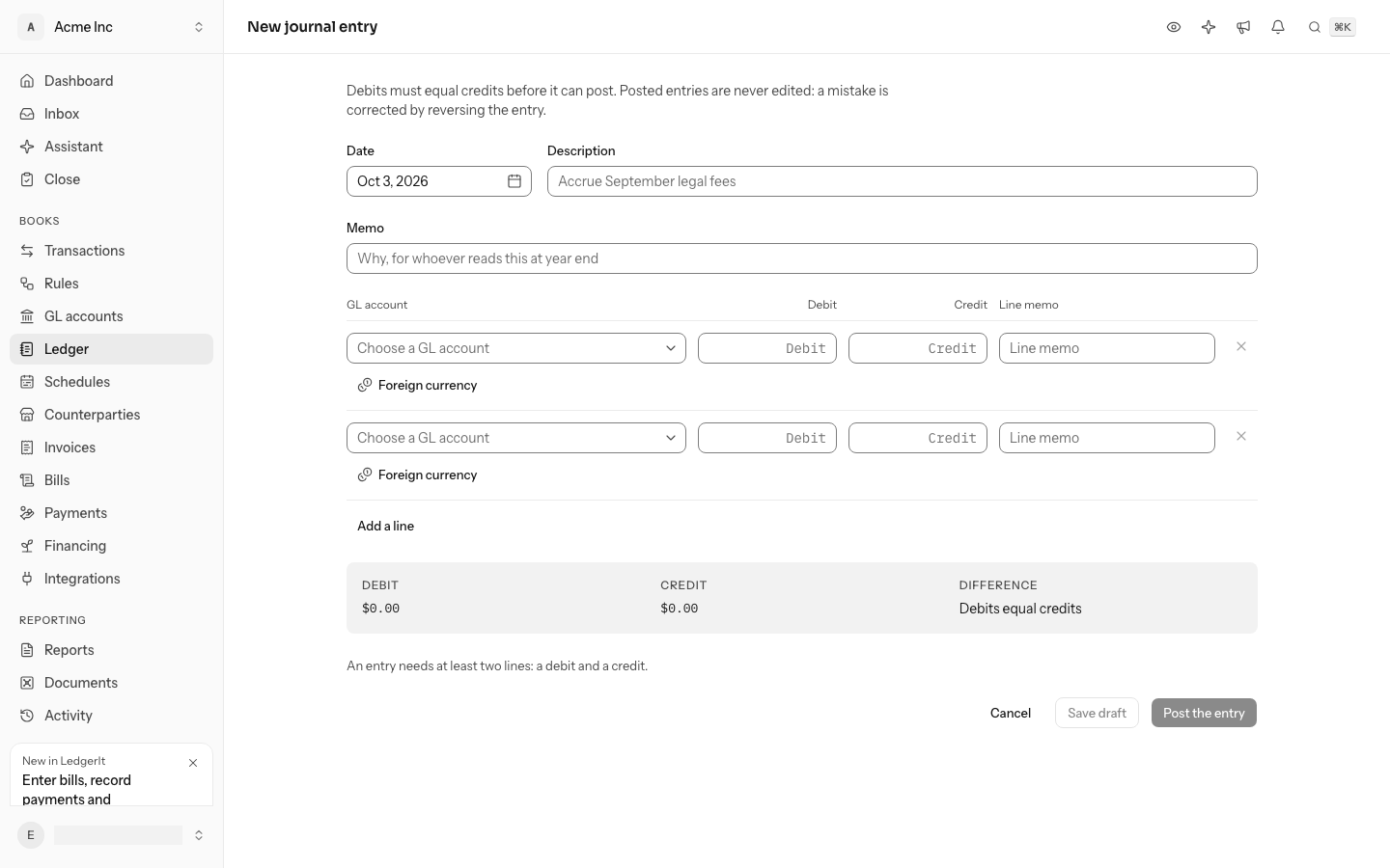 A new journal entry before anything is typed: the date, description and memo, two lines each with a GL account, Debit, Credit and Line memo, Add a line, the debit and credit totals, and Post the entry waiting