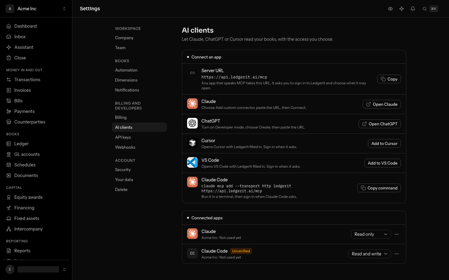 Settings, AI clients: the server address with a copy button, a row each for Claude, ChatGPT, Cursor, VS Code and Claude Code, and the apps already connected