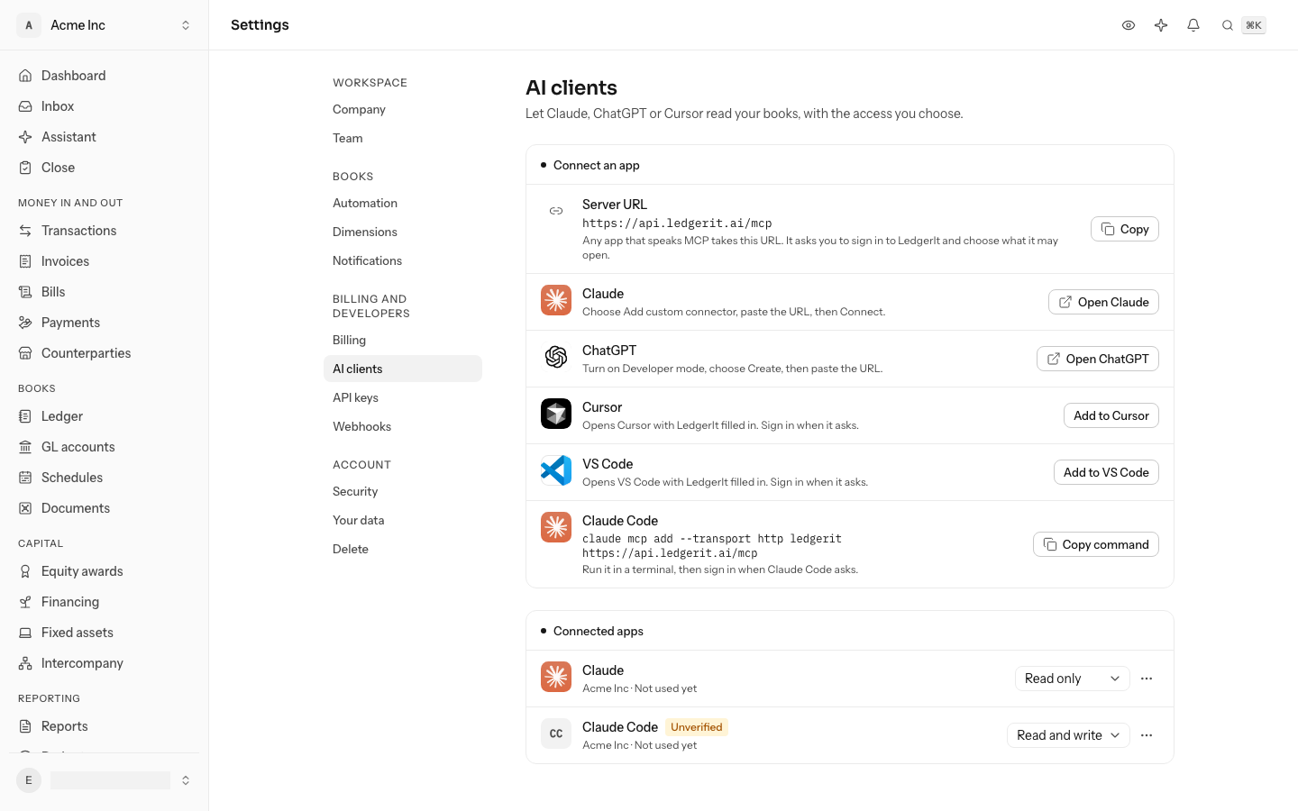 Settings, AI clients: the server address with a copy button, a row each for Claude, ChatGPT, Cursor, VS Code and Claude Code, and the apps already connected