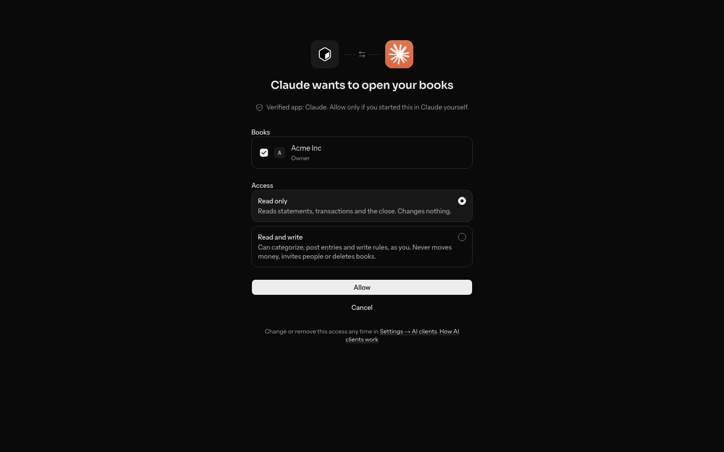The consent screen: Claude wants to open your books, verified as the Claude app, Acme Inc chosen, Read only selected, and Allow