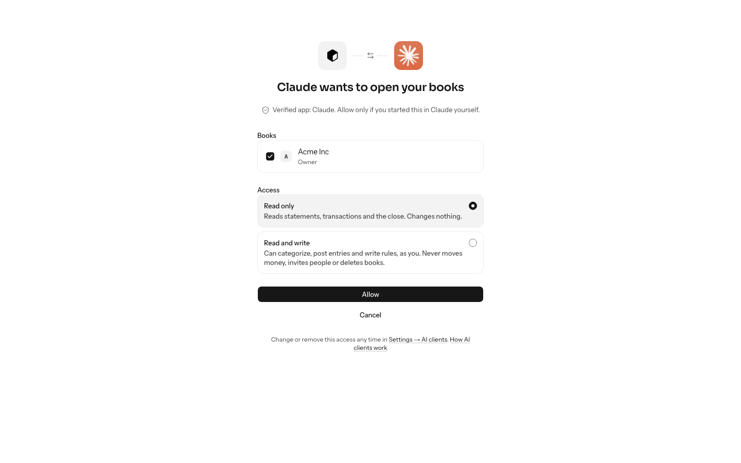 The consent screen: Claude wants to open your books, verified as the Claude app, Acme Inc chosen, Read only selected, and Allow