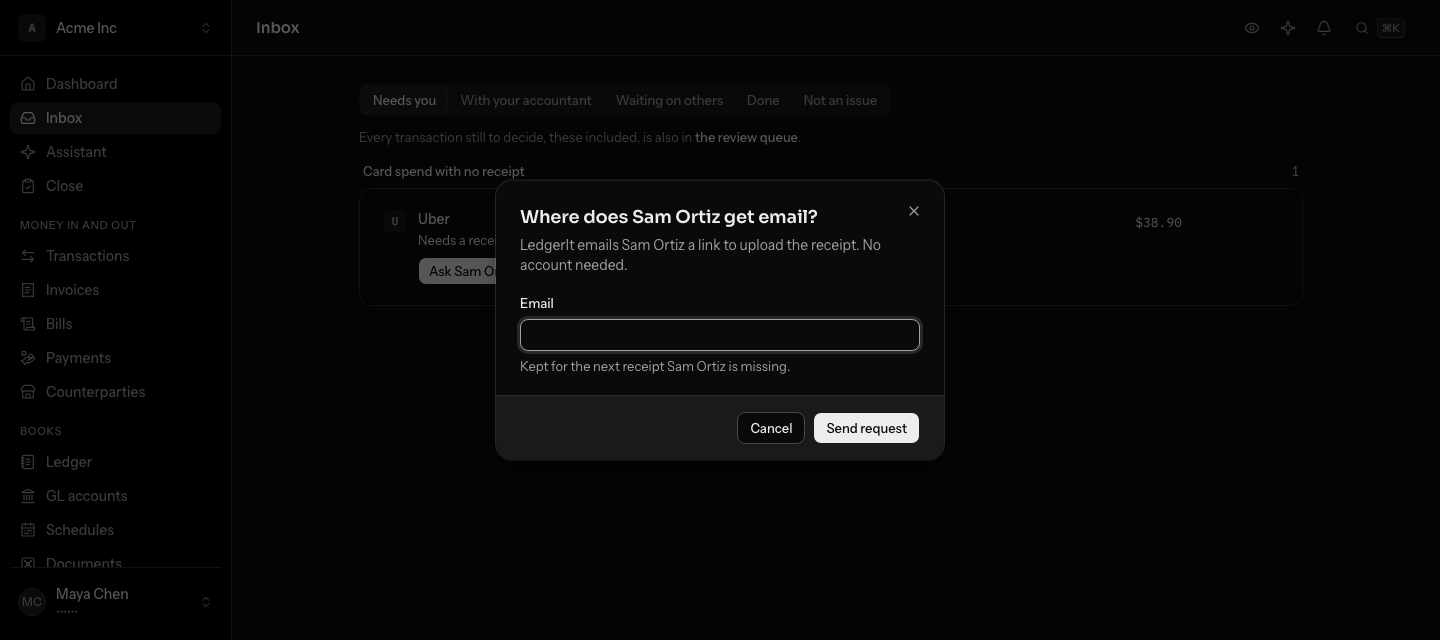 The dialog Where does Sam Ortiz get email?, with an Email field, the note that the address is kept for the next receipt Sam Ortiz is missing, and Send request