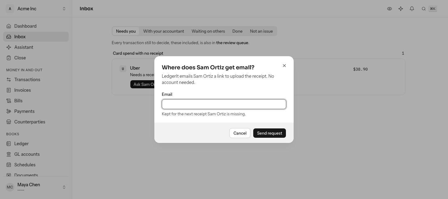 The dialog Where does Sam Ortiz get email?, with an Email field, the note that the address is kept for the next receipt Sam Ortiz is missing, and Send request