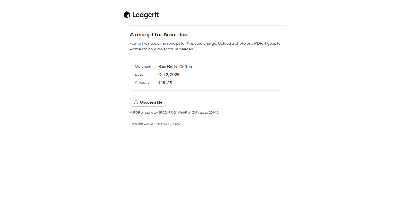 The upload page a cardholder opens: A receipt for Acme Inc, the merchant Blue Bottle Coffee, the date Oct 2, 2026 and the amount $48.25, a Choose a file button, and the date the link stops working