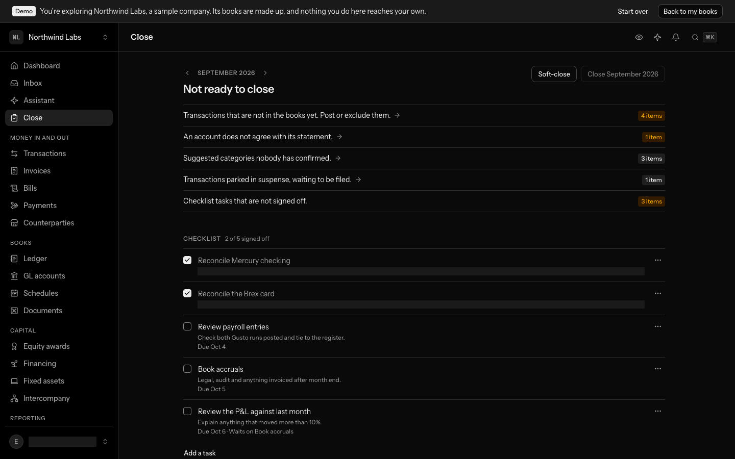 The Close screen for September in the demo books: Not ready to close, with what is in the way listed right under it, then the checklist with two of five tasks signed off