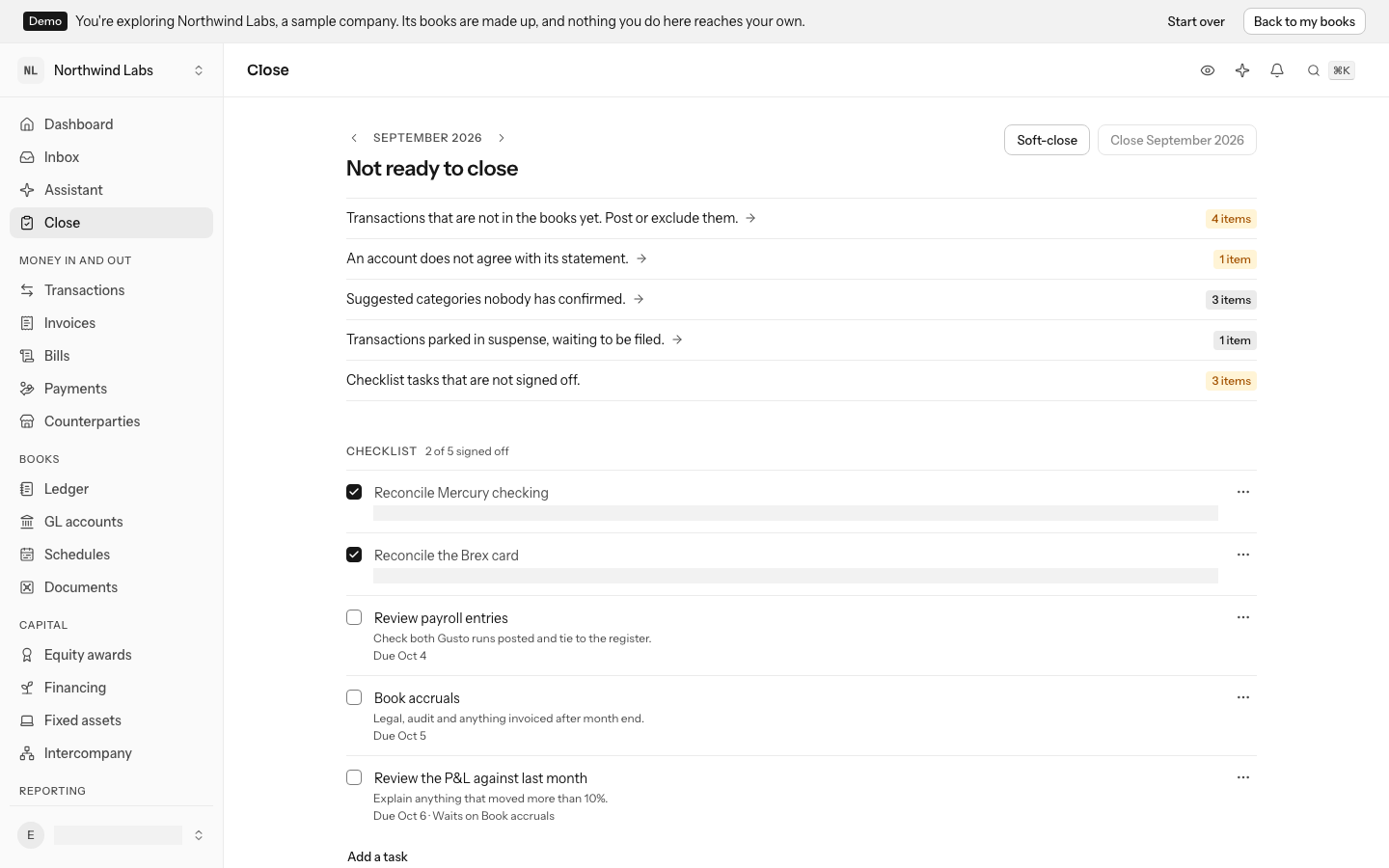The Close screen for September in the demo books: Not ready to close, with what is in the way listed right under it, then the checklist with two of five tasks signed off