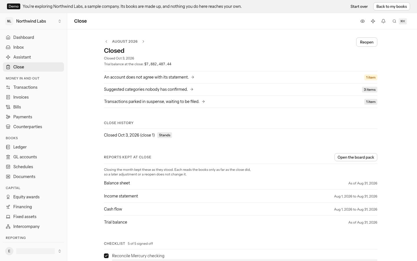 A closed month in the demo books: its close history, then the reports kept at close, with the balance sheet, the income statement, the cash flow statement and the trial balance, and Open the board pack beside them