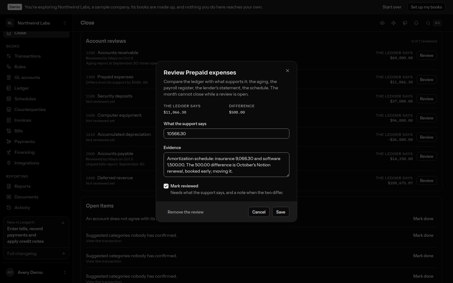 Reviewing prepaid expenses: the ledger's balance, what the amortization schedule says, the difference, and the note that explains it