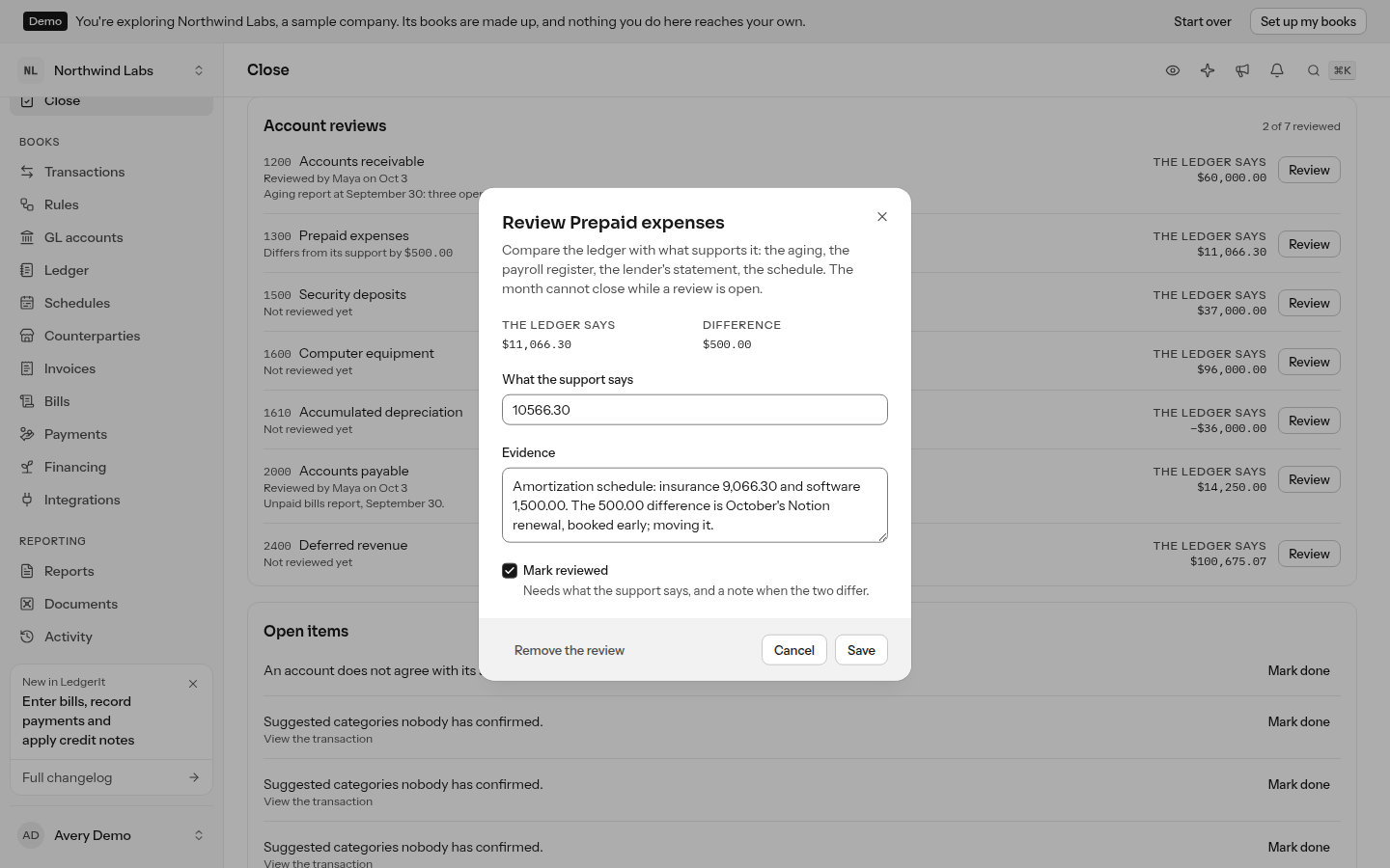 Reviewing prepaid expenses: the ledger's balance, what the amortization schedule says, the difference, and the note that explains it