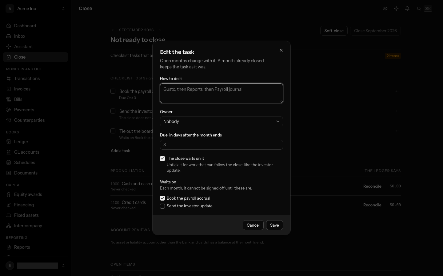 Editing a checklist task from its menu: how to do it, its owner, its due day, whether the close waits on it, and the tasks it waits on