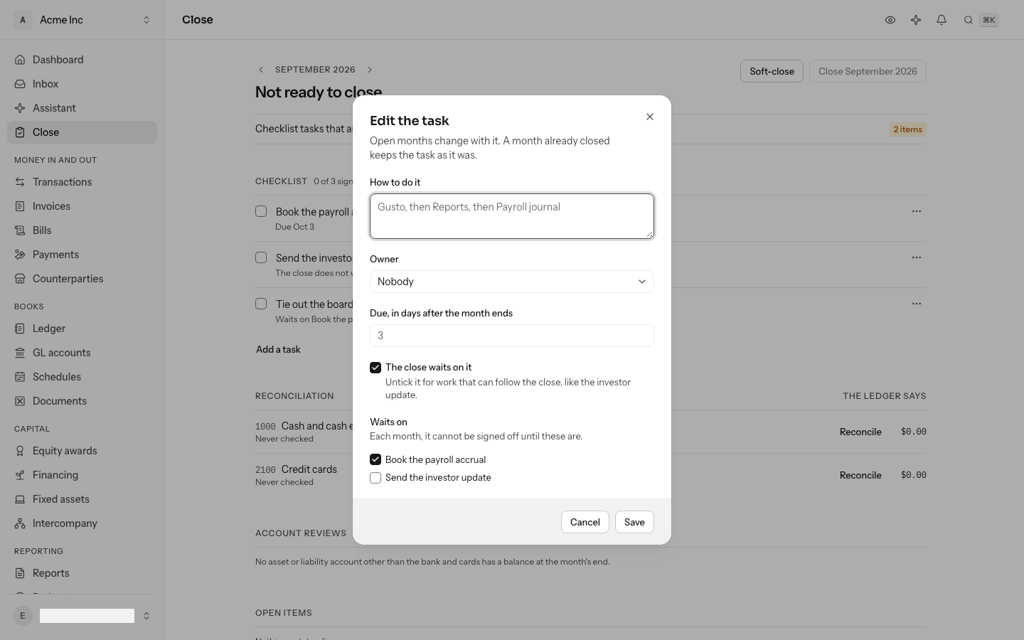 Editing a checklist task from its menu: how to do it, its owner, its due day, whether the close waits on it, and the tasks it waits on