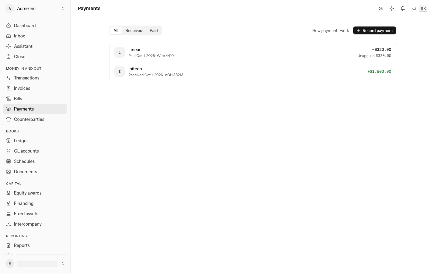 Payments on All: $320.00 paid to Linear by wire, all of it unapplied, and $1,500.00 received from Initech by ACH, with Record payment above the list