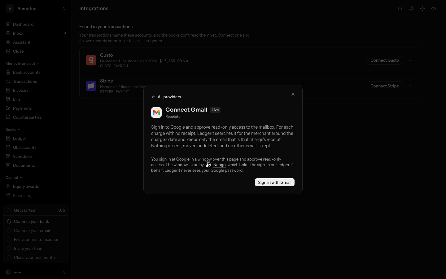 The Add a connection dialog on Connect Gmail, with Gmail's mark: what LedgerIt searches the mailbox for and keeps, that you sign in at Google in a window over the page run by Nango, named with its wolf mark, and that LedgerIt never sees your password, and Sign in with Gmail