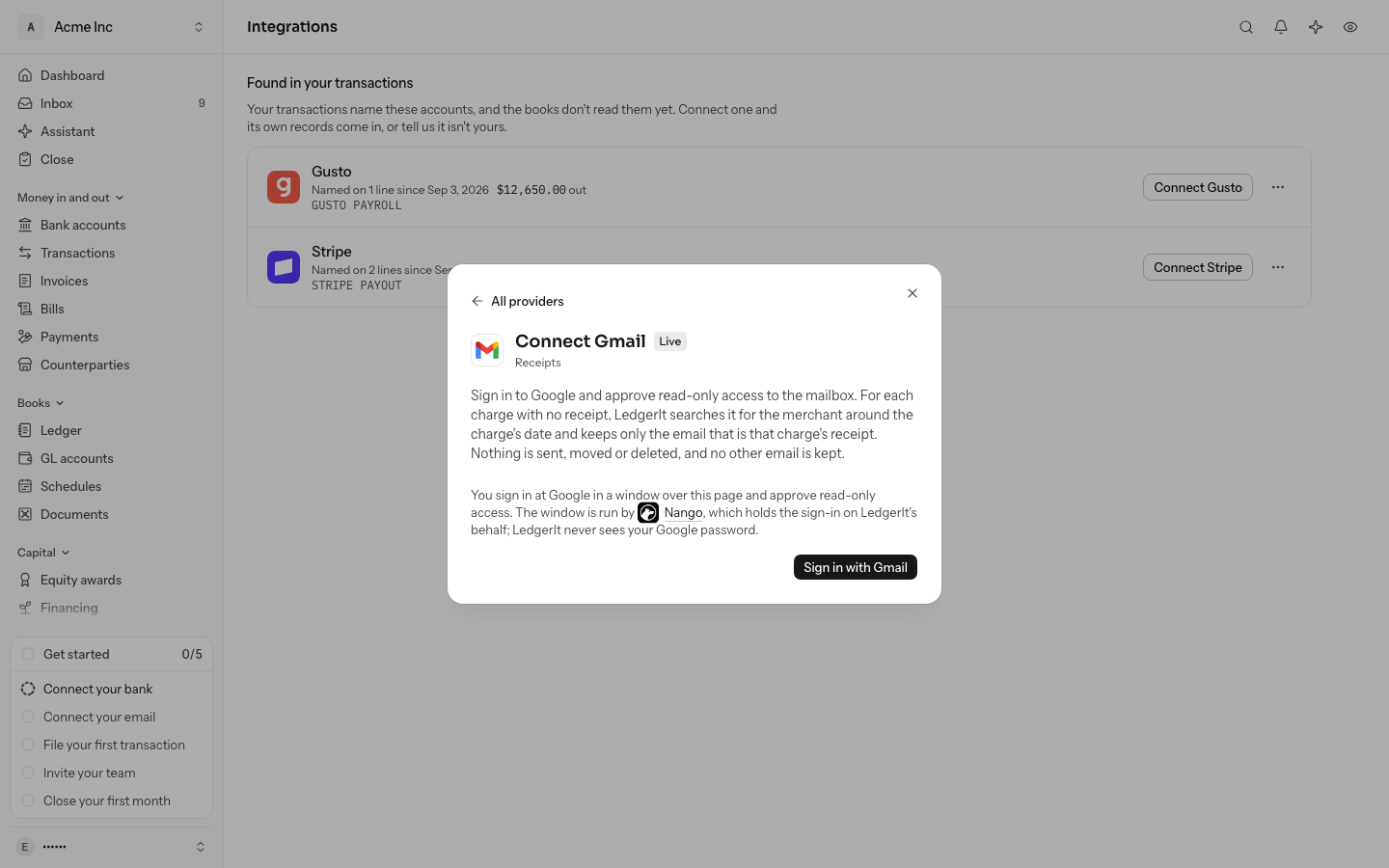 The Add a connection dialog on Connect Gmail, with Gmail's mark: what LedgerIt searches the mailbox for and keeps, that you sign in at Google in a window over the page run by Nango, named with its wolf mark, and that LedgerIt never sees your password, and Sign in with Gmail