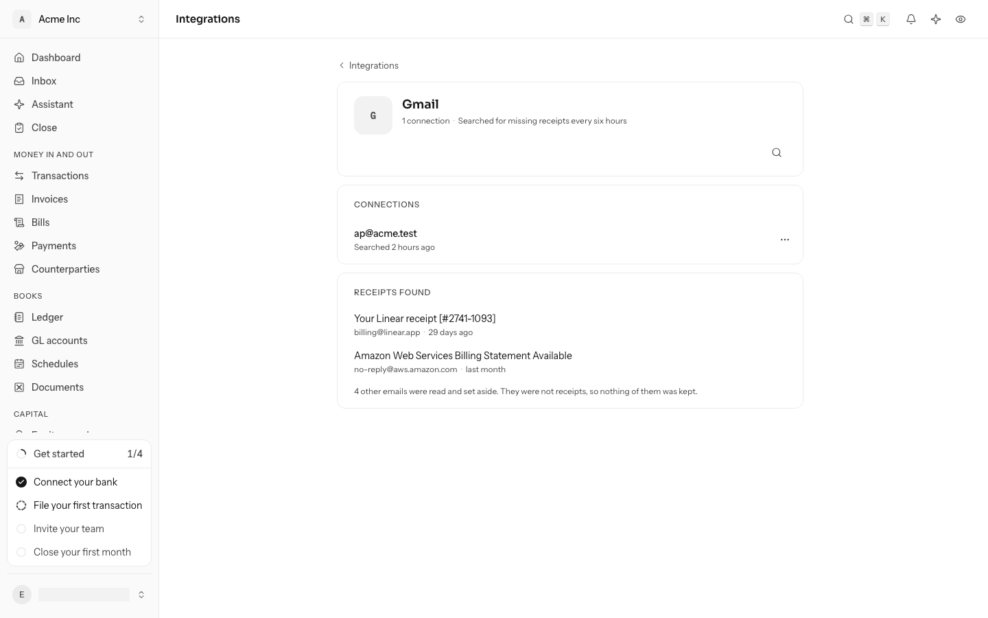 The Gmail page under Integrations: the mailbox ap@acme.test, searched 2 hours ago, and under Receipts found a Linear receipt and an Amazon Web Services billing statement, each with who sent it and when, then a line saying 4 other emails were read and set aside