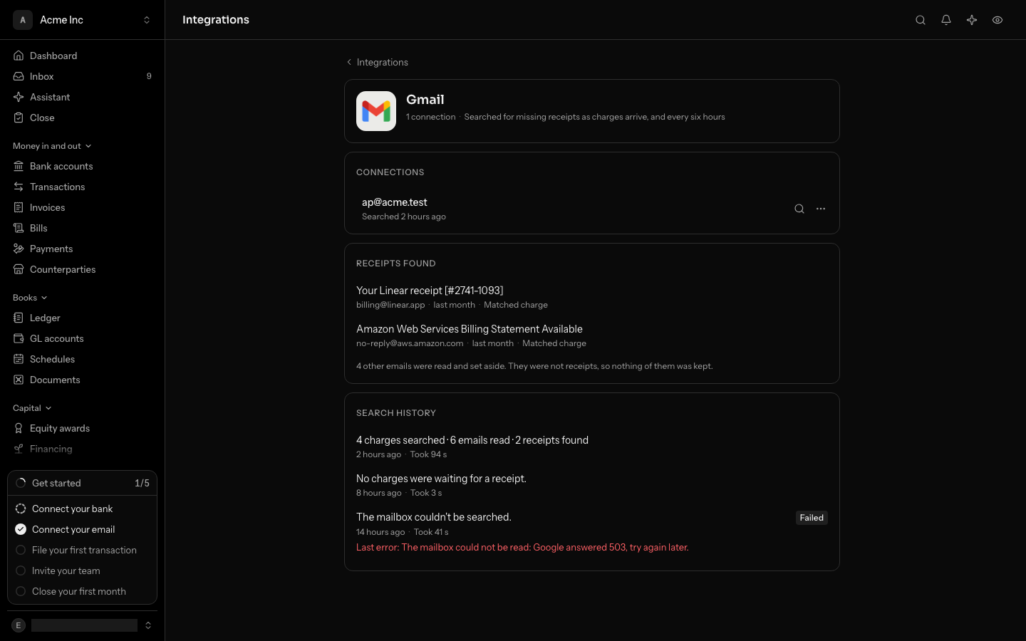 Search history on the Gmail page: a search 2 hours ago that searched 4 charges, read 6 emails and found 2 receipts in 94 seconds, one 8 hours ago with no charges waiting, and one 14 hours ago that failed because Google did not answer