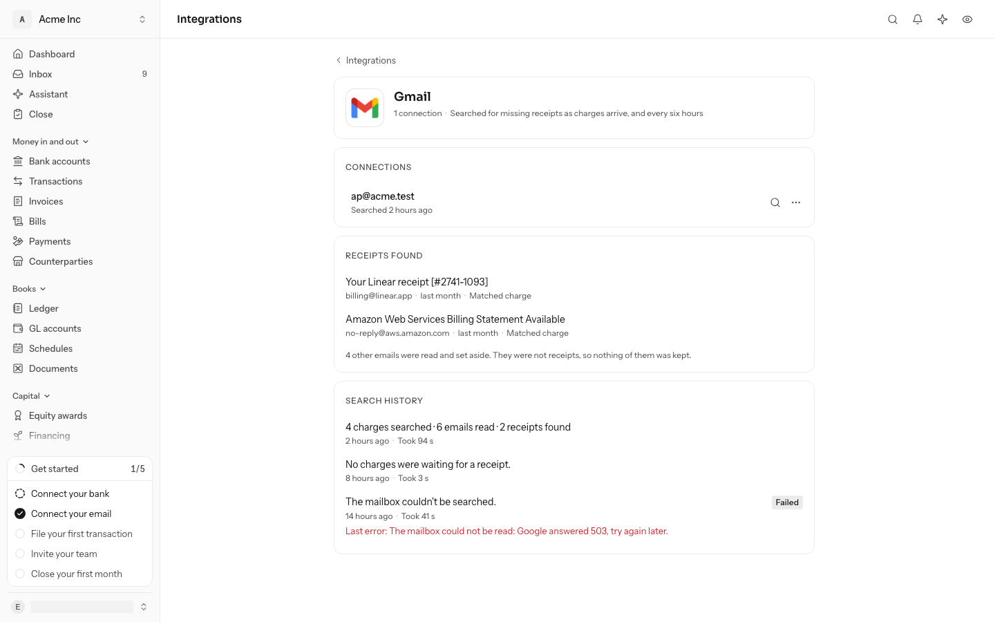 Search history on the Gmail page: a search 2 hours ago that searched 4 charges, read 6 emails and found 2 receipts in 94 seconds, one 8 hours ago with no charges waiting, and one 14 hours ago that failed because Google did not answer