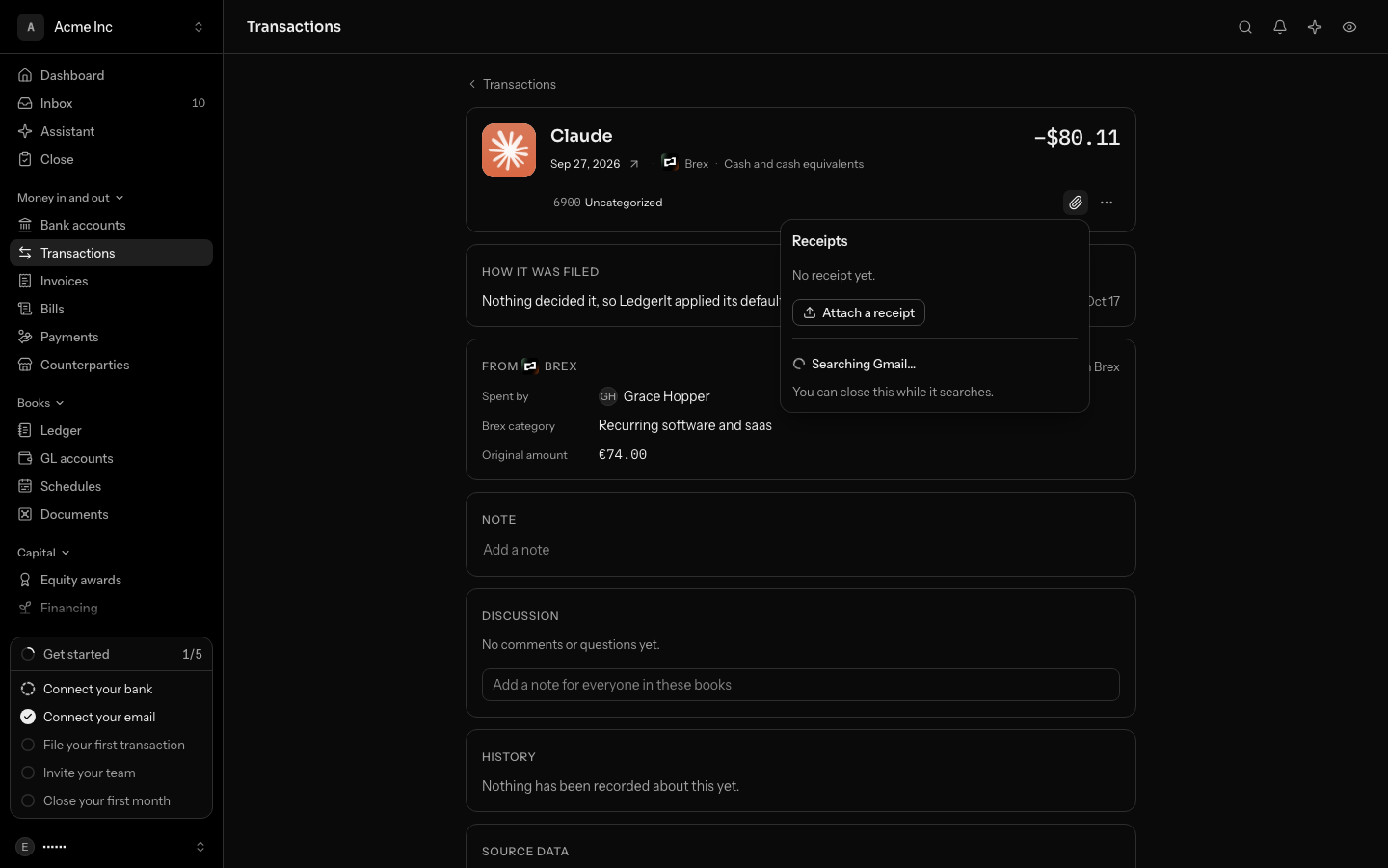 A card charge with no receipt, its Receipts panel open: No receipt yet, Attach a receipt, and under it Searching Gmail with a spinner and a line saying you can close the panel while it searches