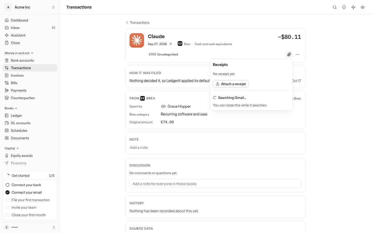 A card charge with no receipt, its Receipts panel open: No receipt yet, Attach a receipt, and under it Searching Gmail with a spinner and a line saying you can close the panel while it searches