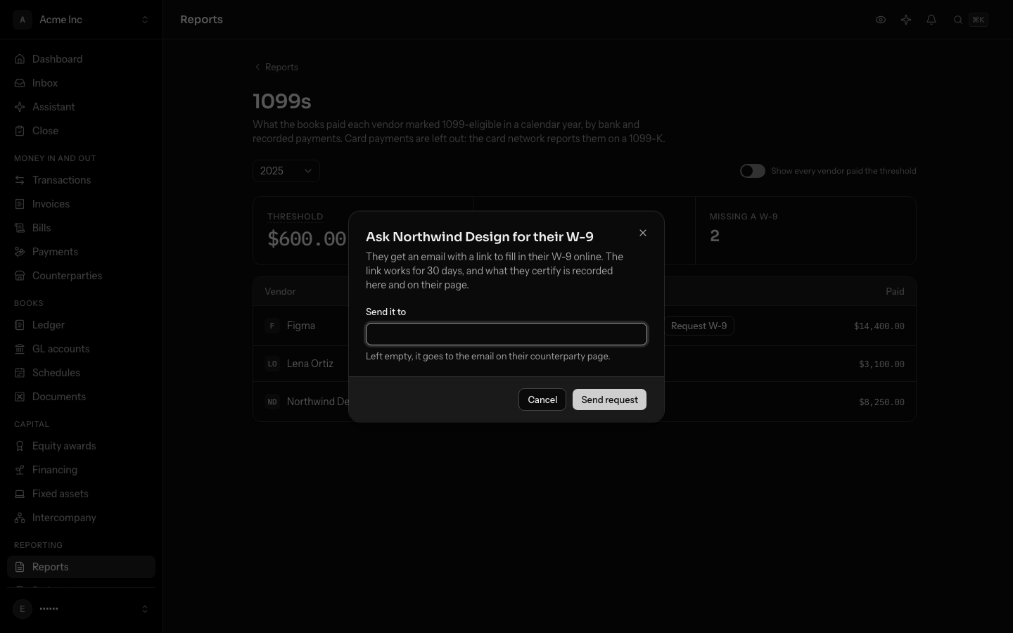 The Ask Northwind Design for their W-9 dialog: what the vendor receives, and Send it to, left empty to use the email on their page