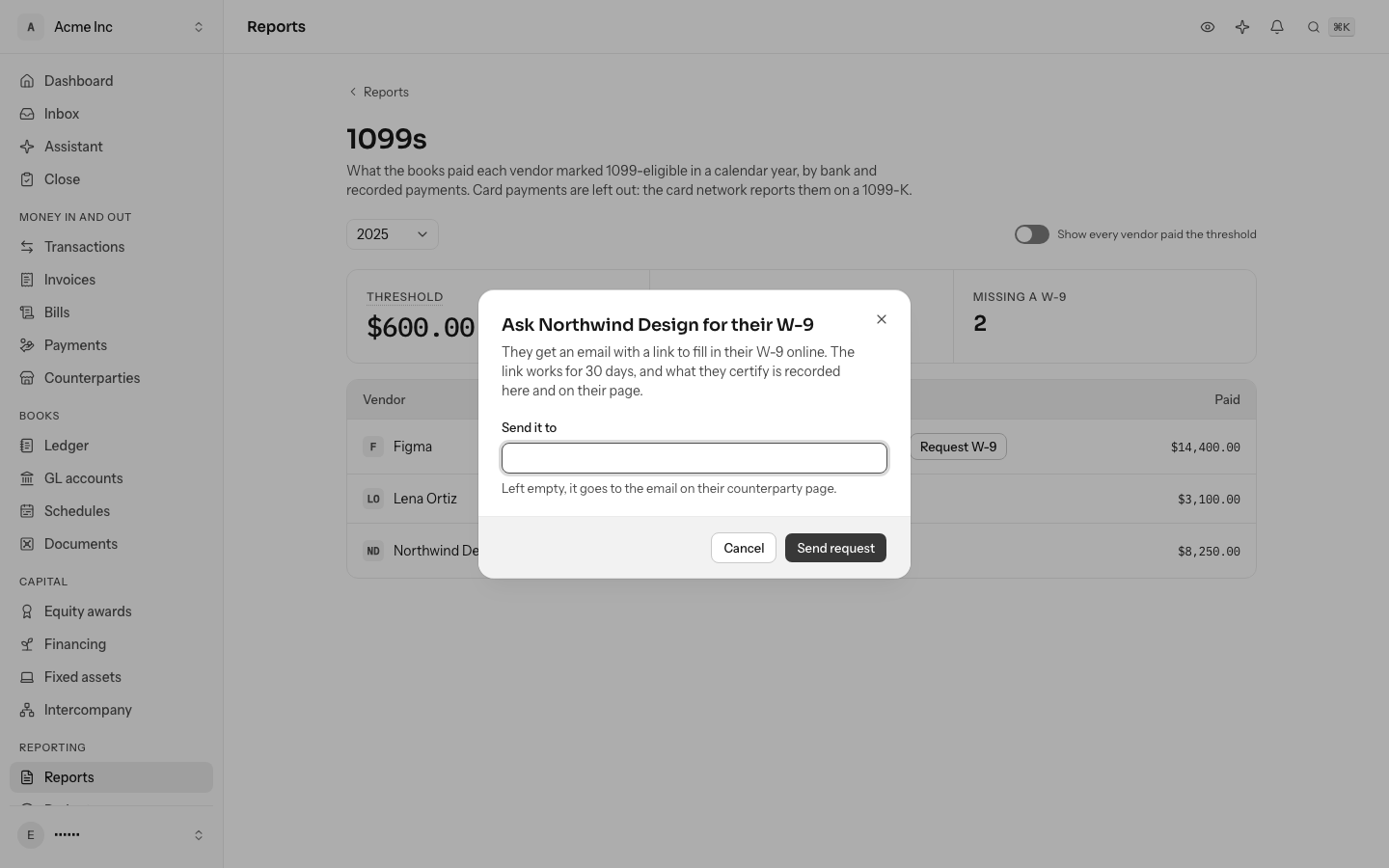 The Ask Northwind Design for their W-9 dialog: what the vendor receives, and Send it to, left empty to use the email on their page
