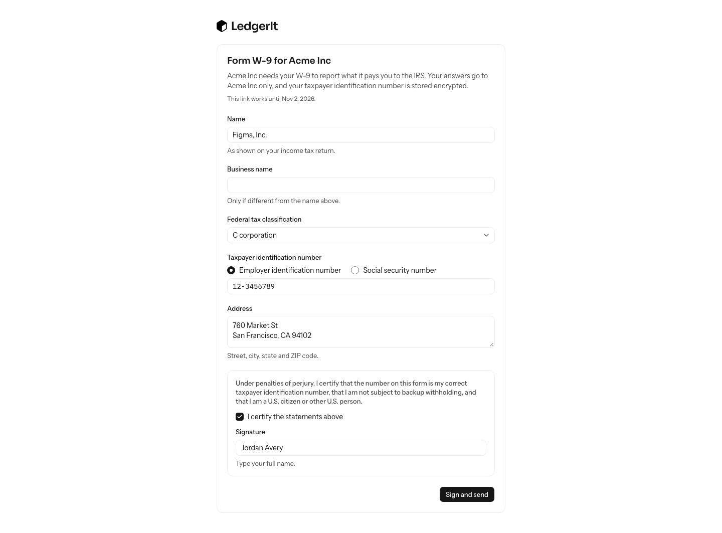 The vendor's W-9 form for Acme Inc: name, business name, federal tax classification, an employer identification number, address, and the certification signed with a typed name