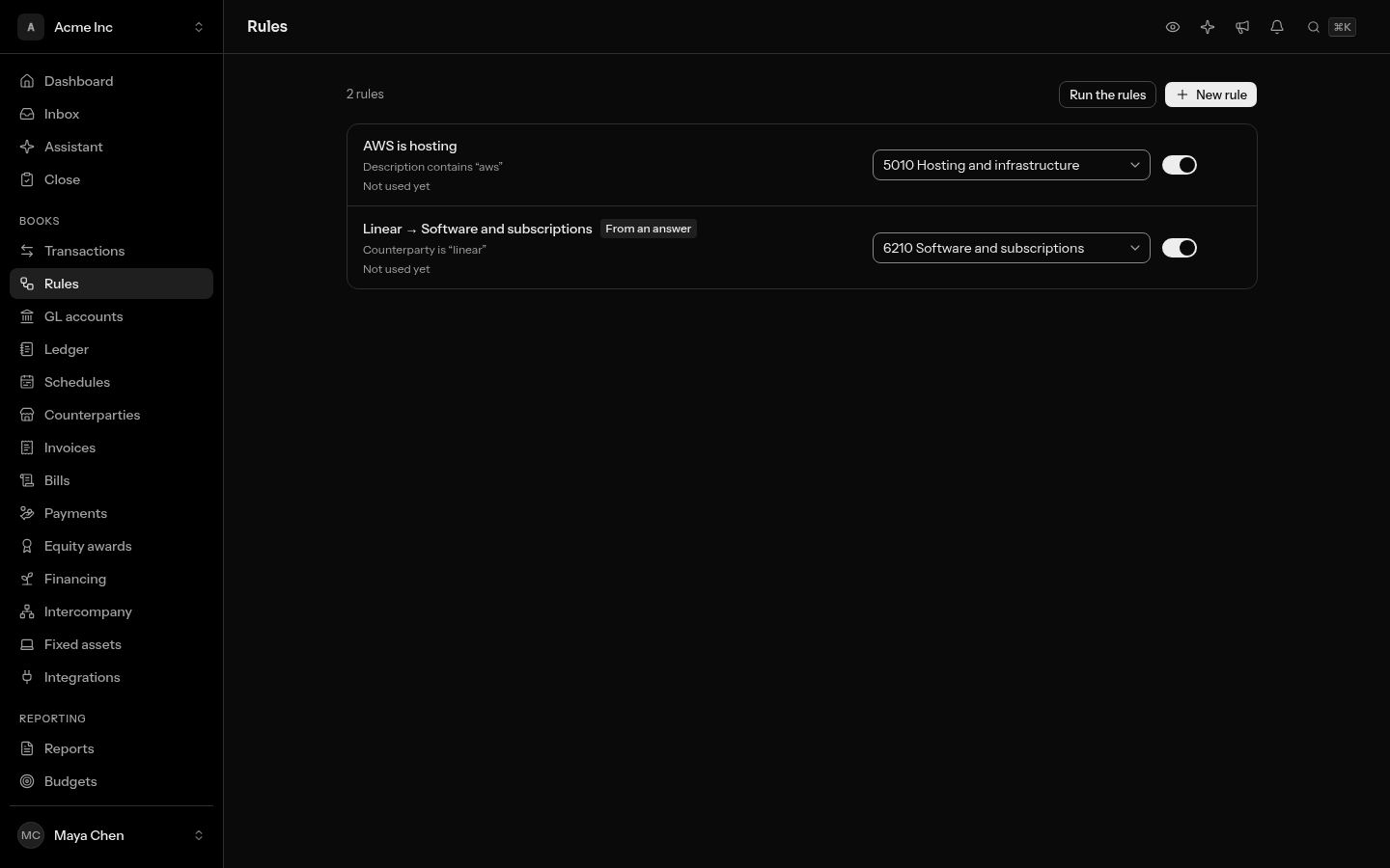 The Rules screen with two rules: AWS is hosting, and Linear → Software and subscriptions marked From an answer, matching Counterparty is "linear"