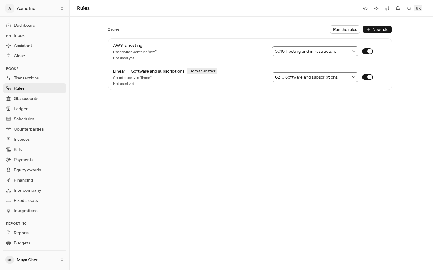 The Rules screen with two rules: AWS is hosting, and Linear → Software and subscriptions marked From an answer, matching Counterparty is "linear"