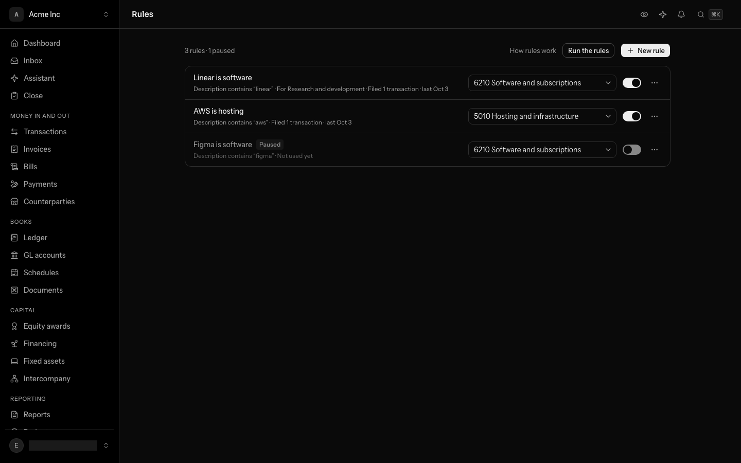 The Rules screen listing three rules: Linear is software, for Research and development, filing to 6210 Software and subscriptions; AWS is hosting; and Figma is software, paused. Each rule says what it matches and how often it has filed on one line