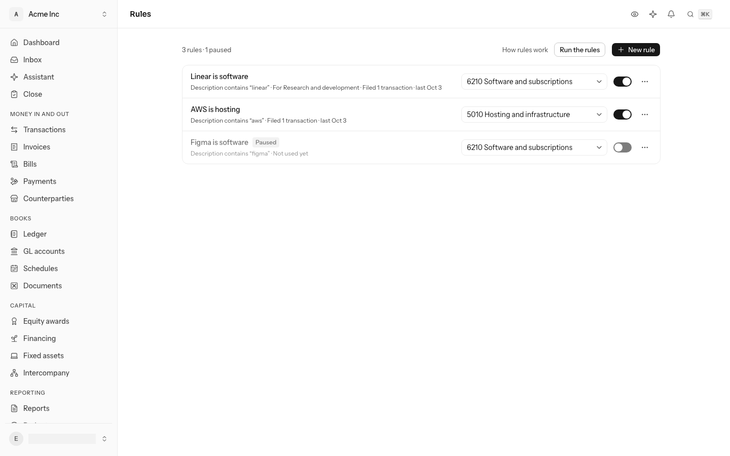The Rules screen listing three rules: Linear is software, for Research and development, filing to 6210 Software and subscriptions; AWS is hosting; and Figma is software, paused. Each rule says what it matches and how often it has filed on one line