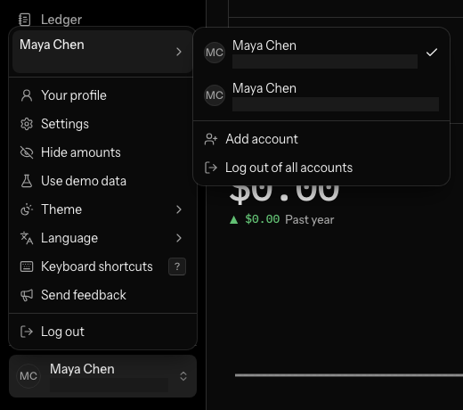 The account menu at the foot of the sidebar, with the row showing your name and email opened to the side: the account you are in, checked, the other account under it, Add account and Log out of all accounts