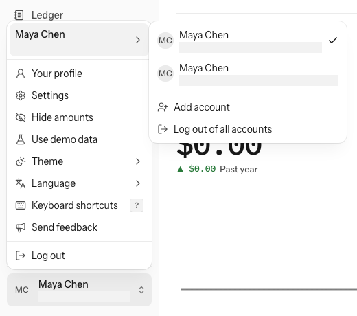 The account menu at the foot of the sidebar, with the row showing your name and email opened to the side: the account you are in, checked, the other account under it, Add account and Log out of all accounts